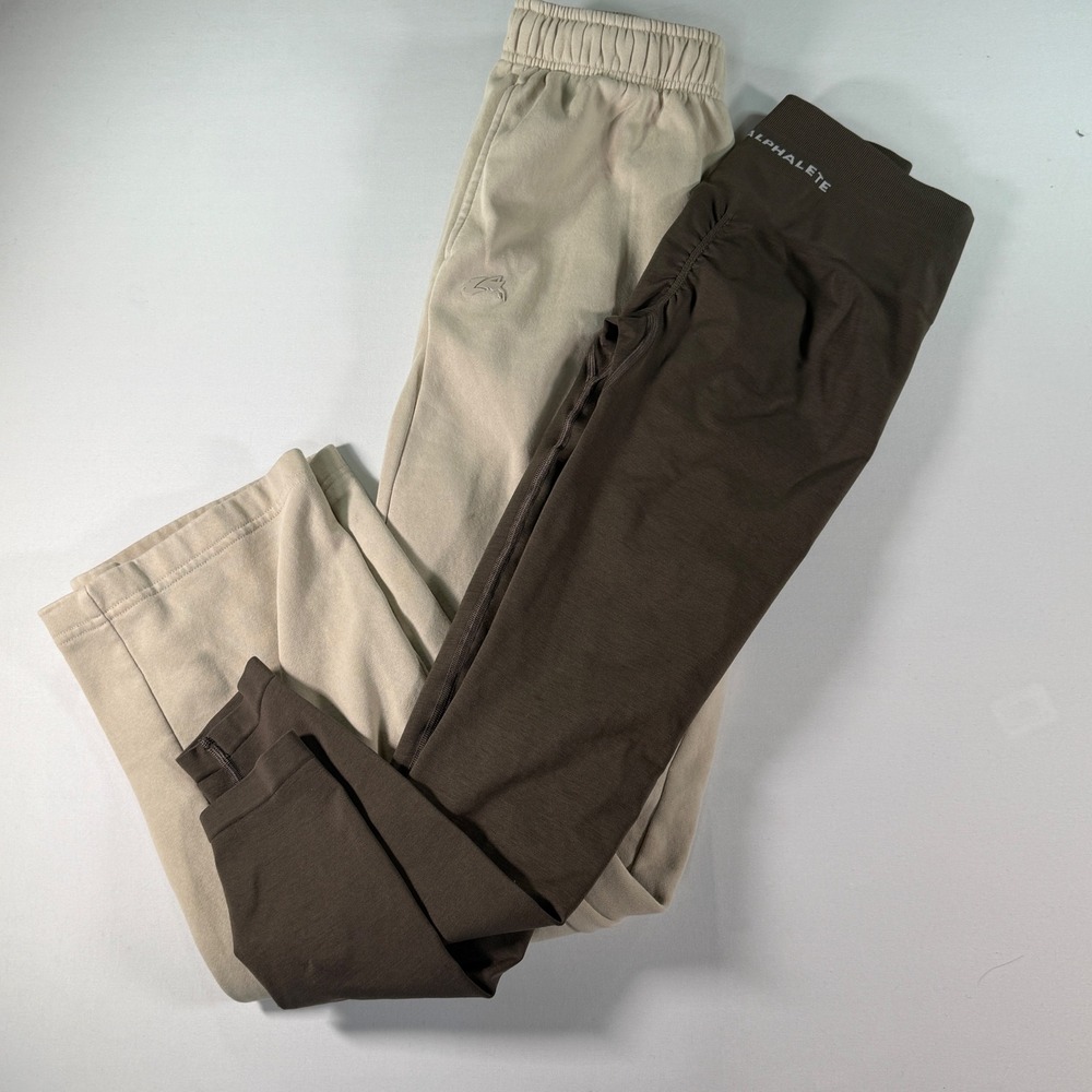 Alphalete Athletics 2 Bundle Tan Wide‎ Leg Sweatpants and Brown Scrunch Leggings
